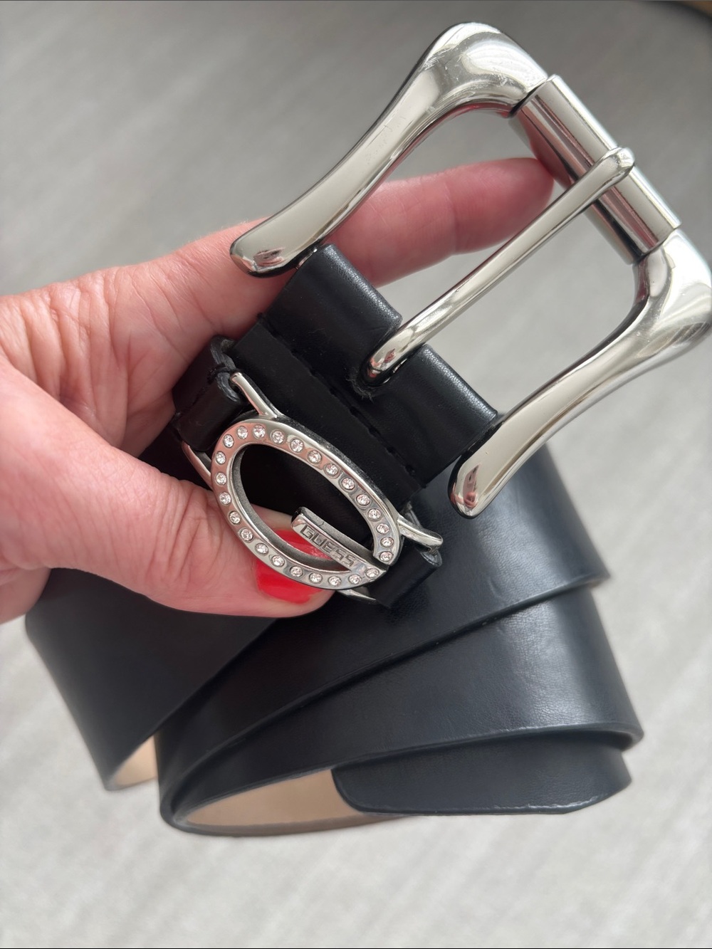 GUESS Black Leather Belt with Crystal-Embellished G Buckle silver tone sz large